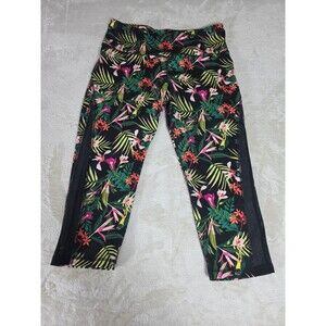 Old Navy Active Leggings Women's Size XL Black Tropical Floral Mesh Sides Capri